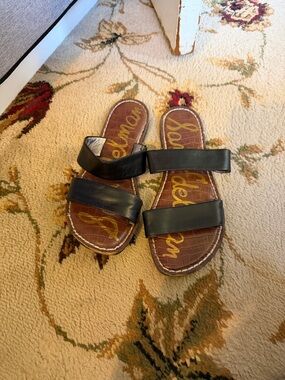 Sam Edelman Black Leather Double-Strap Slide Sandals